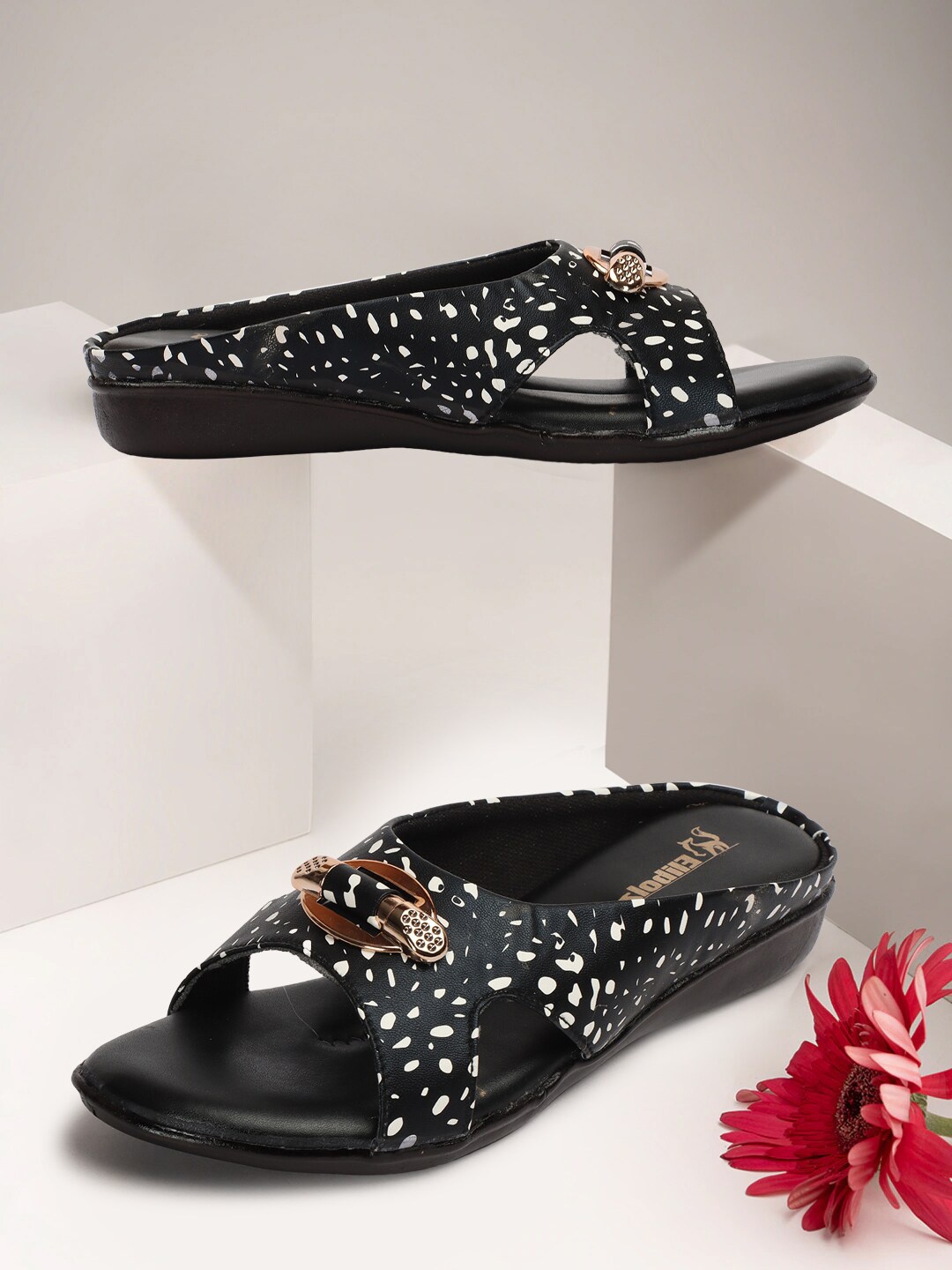 

Elibolz Printed Embellished Open Toe Flats, Black