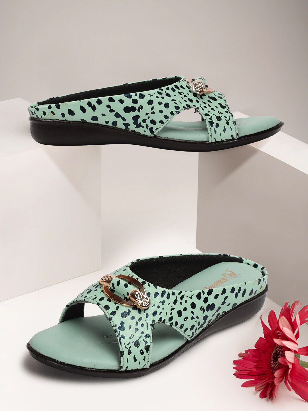 

Elibolz Women Embellished Printed Open Toe Flats, Sea green