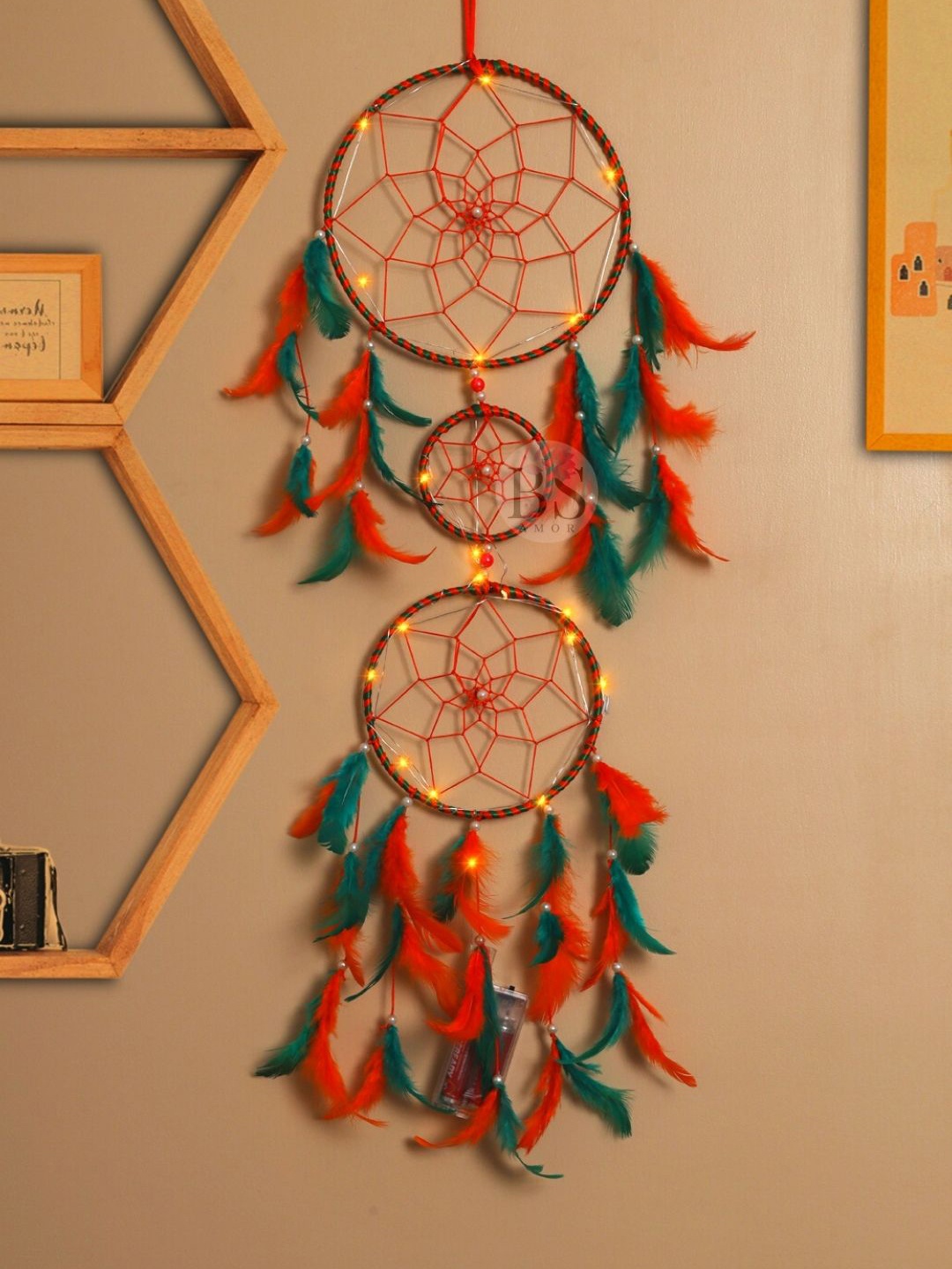 

BS AMOR Orange & Green 3 Ring Dream Catcher With Lights & Feather