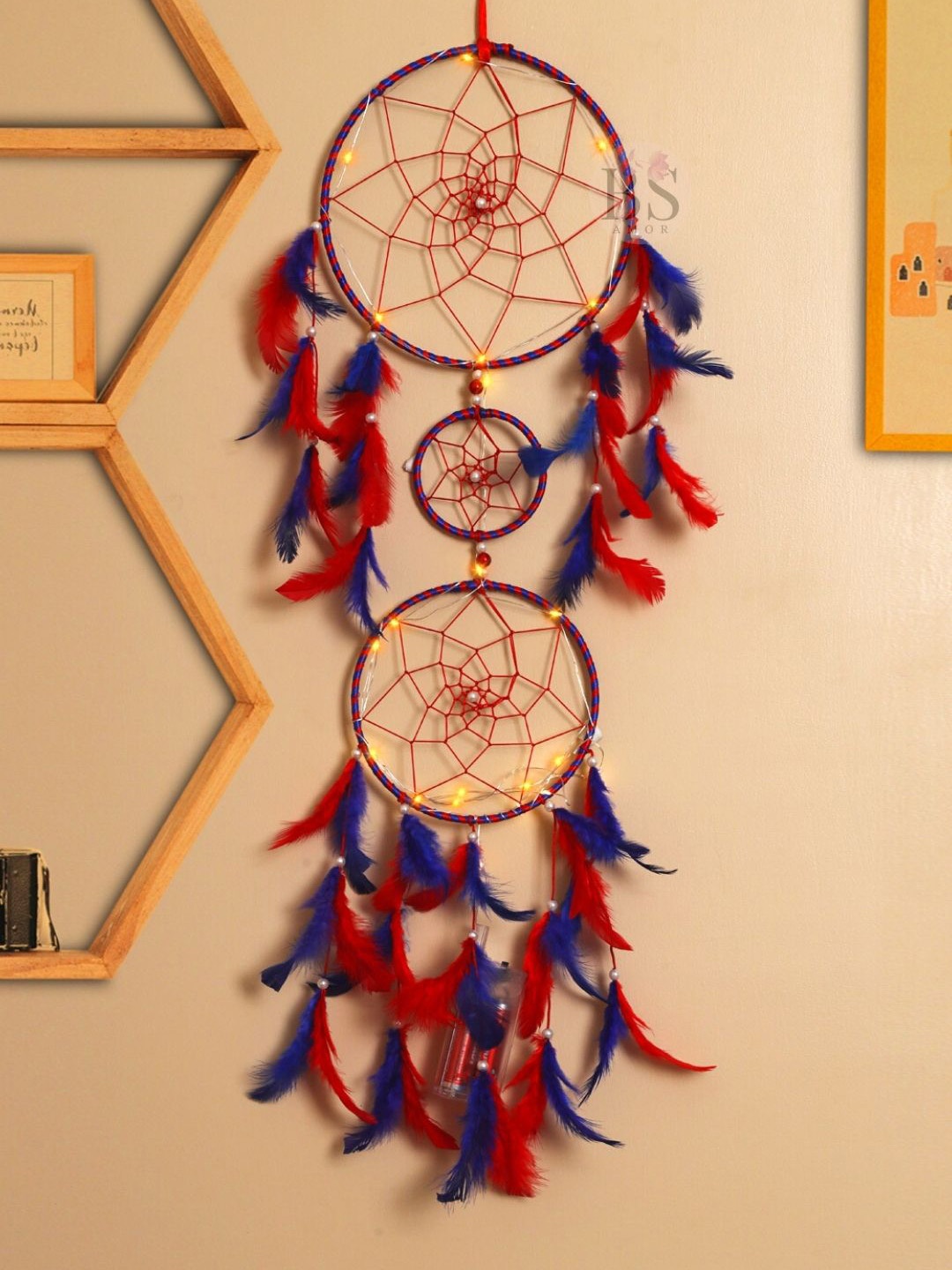 

BS AMOR Red & Blue 3 Ring Dream Catcher With Lights & Feather