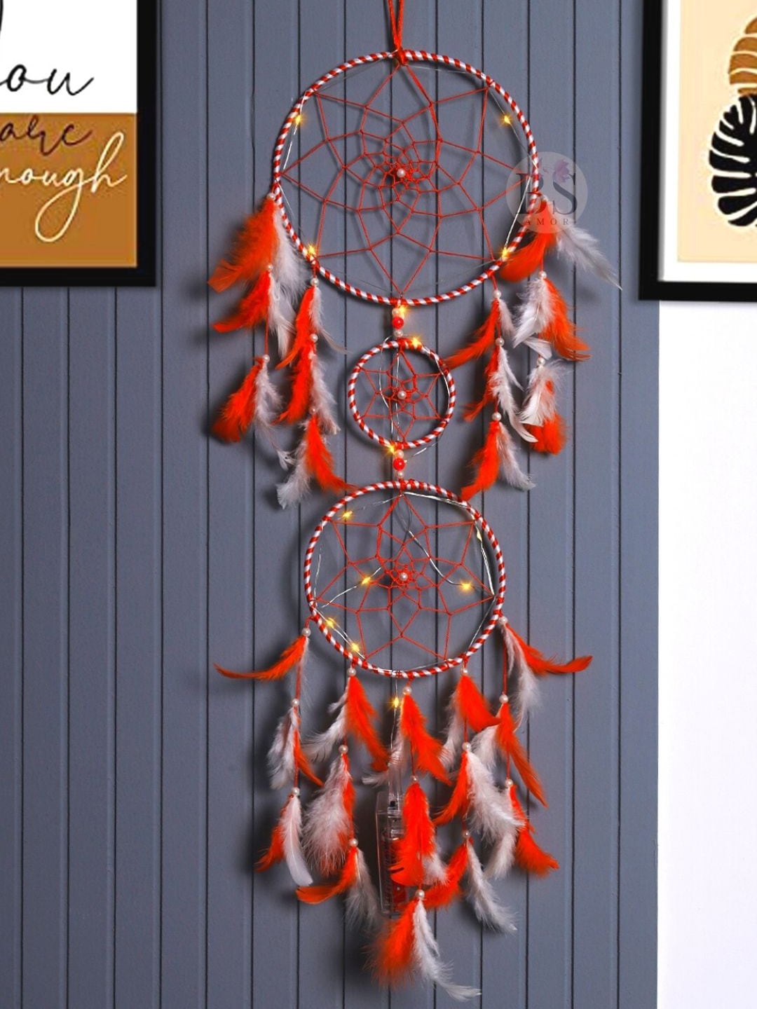 

BS AMOR Orange & White 3 Ring Dream Catcher With Lights & Feather