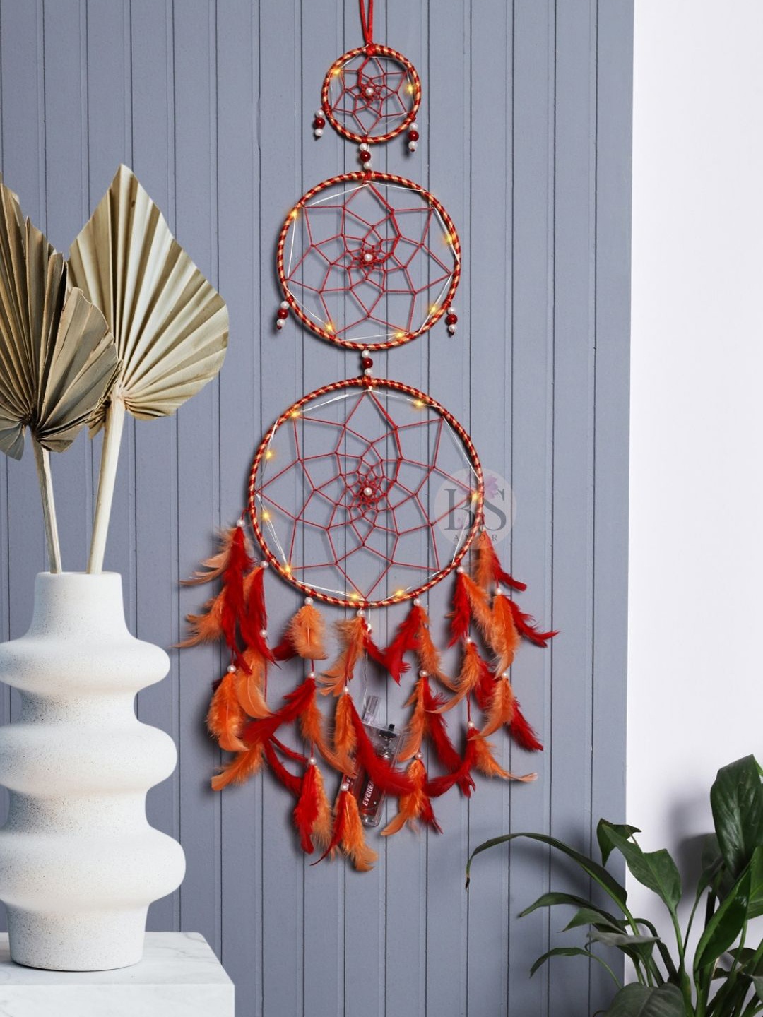 BS AMOR Orange & Red 3 Ring Dream Catcher With Lights & Feather