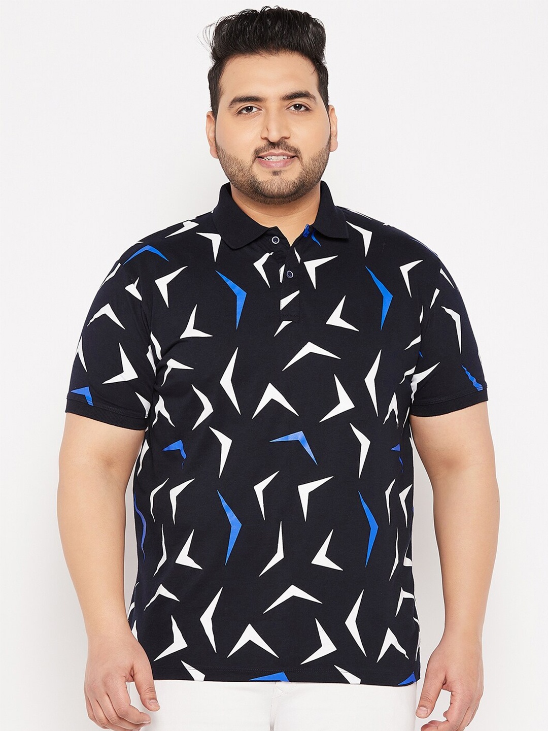 

WILD WEST Geomatric Printed Polo Collar Cotton T-Shirt, Navy blue