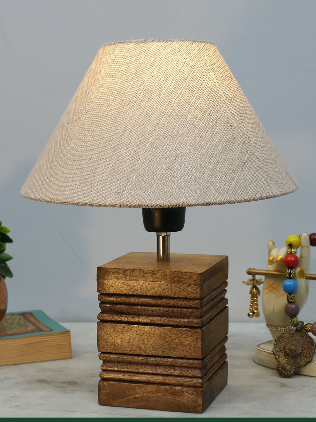 

Homesake Brown & Beige Textured Wooden Table Lamp With Jute Lampshade