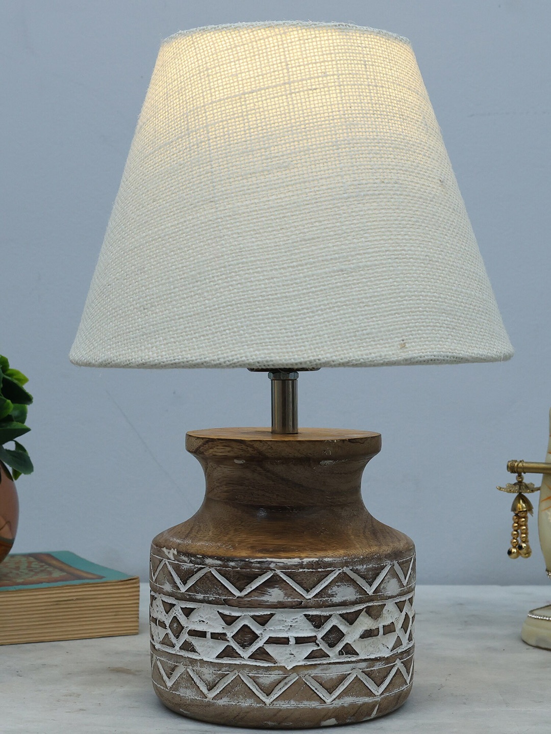 

Homesake White & Brown Textured Wooden Table Lamp With Jute Lampshade