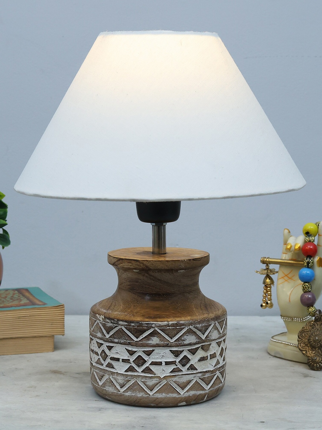 

Homesake White & Beige Fabric Shade With Pot Shaped Wooden Base Table Lamp