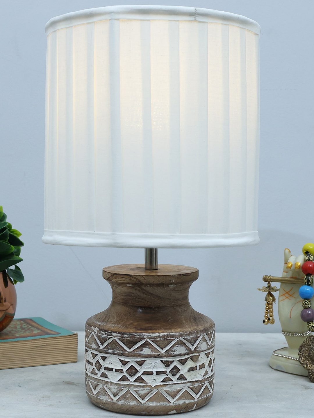 

Homesake White & Brown Frill Fabric Shade With Textured Wooden Base Table Lamp