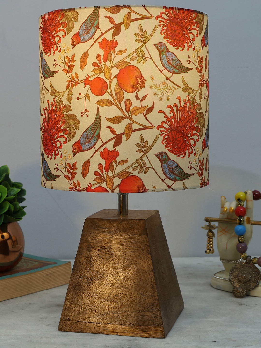 

Homesake Orange-Coloured & Brown Printed Fabric Shade With Wooden Base Table Lamp