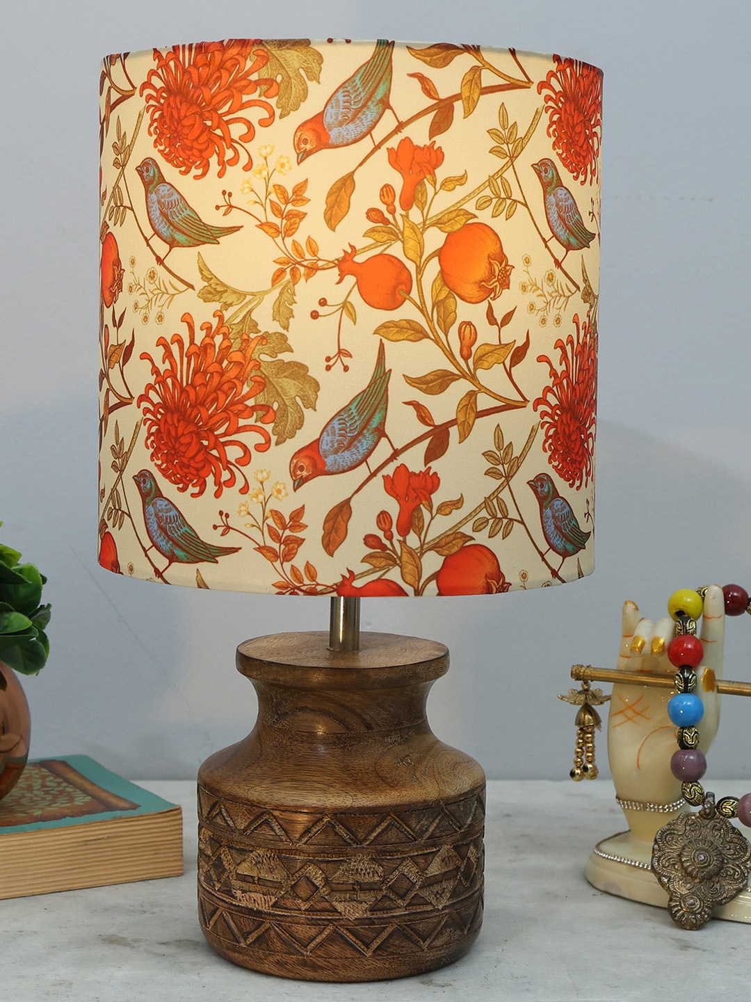 

Homesake Orange-Coloured & Brown Printed Fabric Shade With Wooden Base Table Lamp