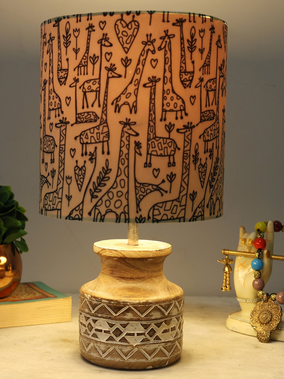 

Homesake Yellow & Brown Savannah Printed Fabric Shade With Pot Shaped Wooden Base Table Lamp