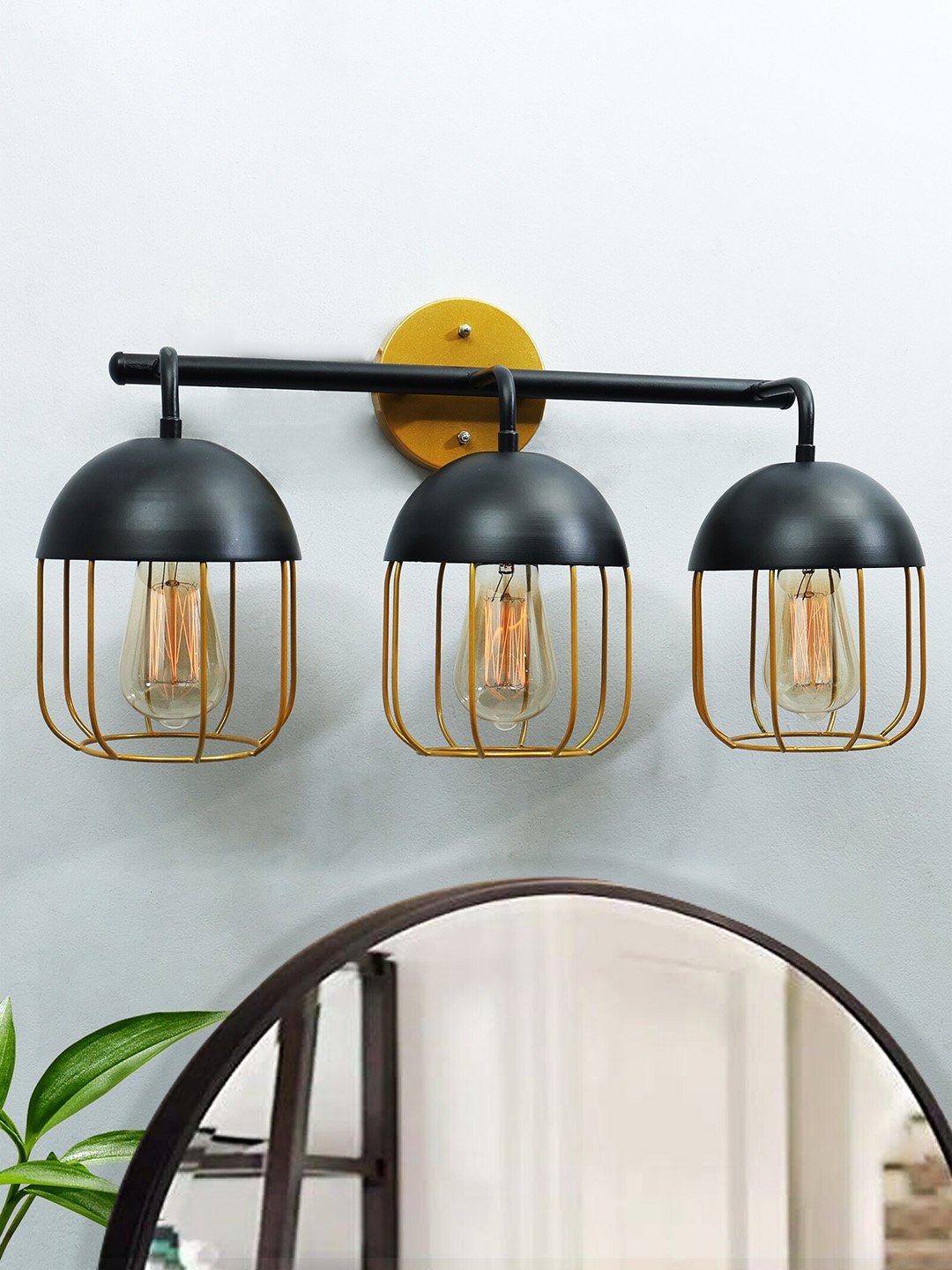 

Homesake Gold-Toned & Black 3 Cage Textured Metal Bathroom Wall Lamp