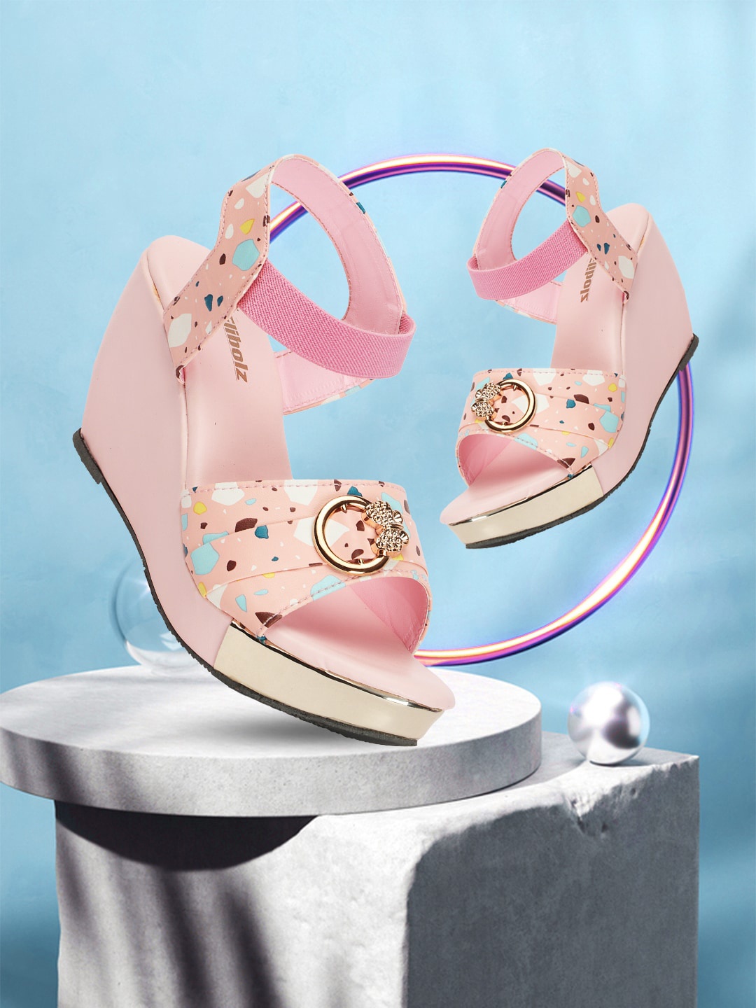 

Elibolz Embellished Printed Open Toe Wedges With Backstrap, Pink