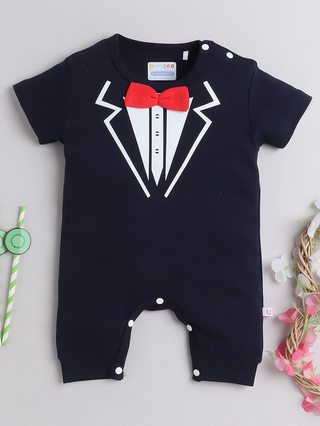 

BUMZEE Infant Boys Printed Pure Cotton Thigh Length Romper, Navy blue