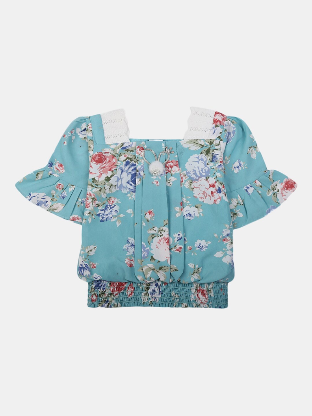 

V-Mart Girls Floral Printed Lace Inserted Blouson Top, Blue