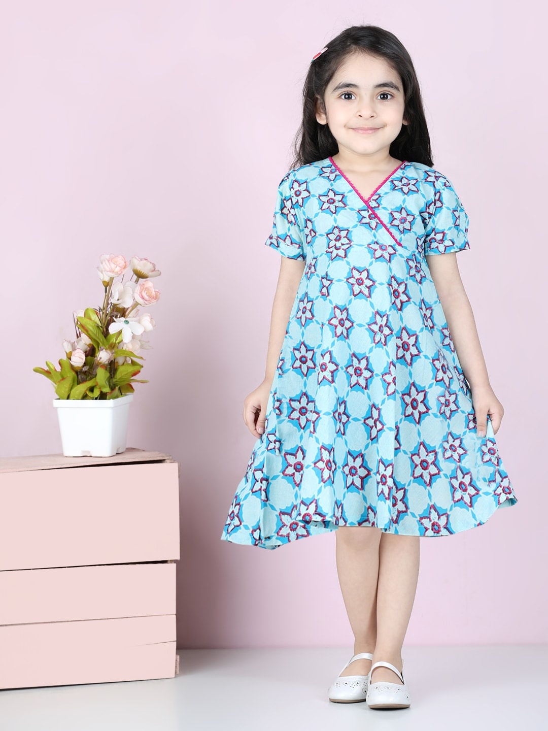 

kidcetra Girls Floral Printed Cotton A-Line Dress, Blue