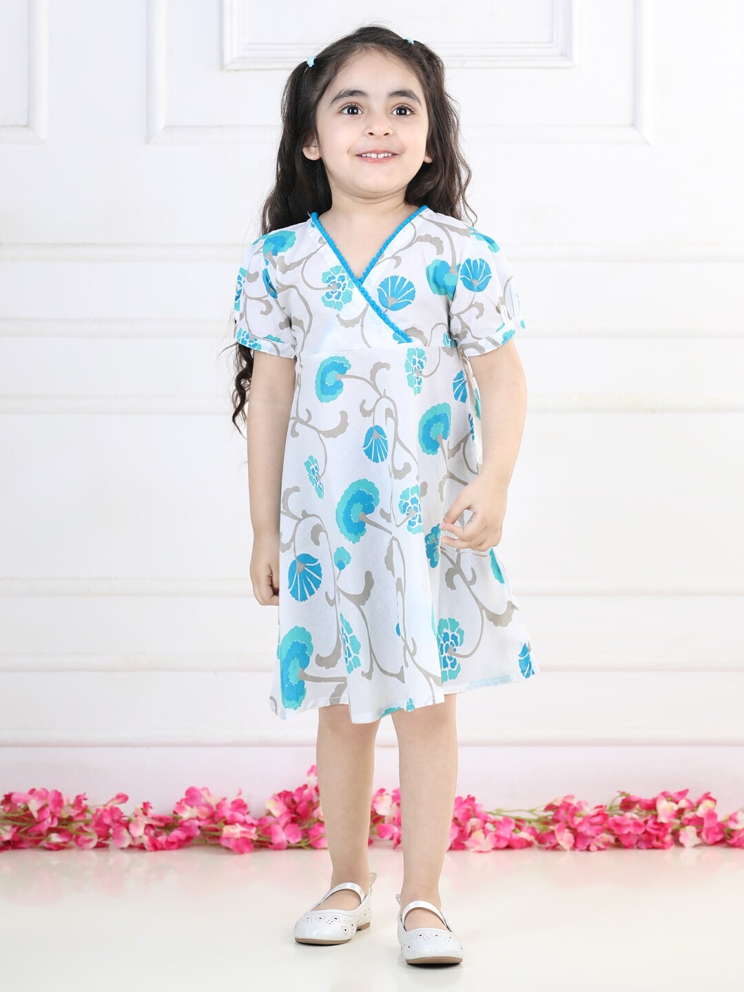 

kidcetra Girls V-Neck Pom-Pom Floral Printed A-Line Cotton Dress, White