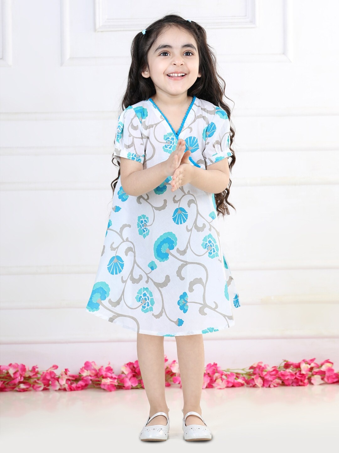 

kidcetra Girls V-Neck Pom-Pom Floral Printed A-Line Cotton Dress, White