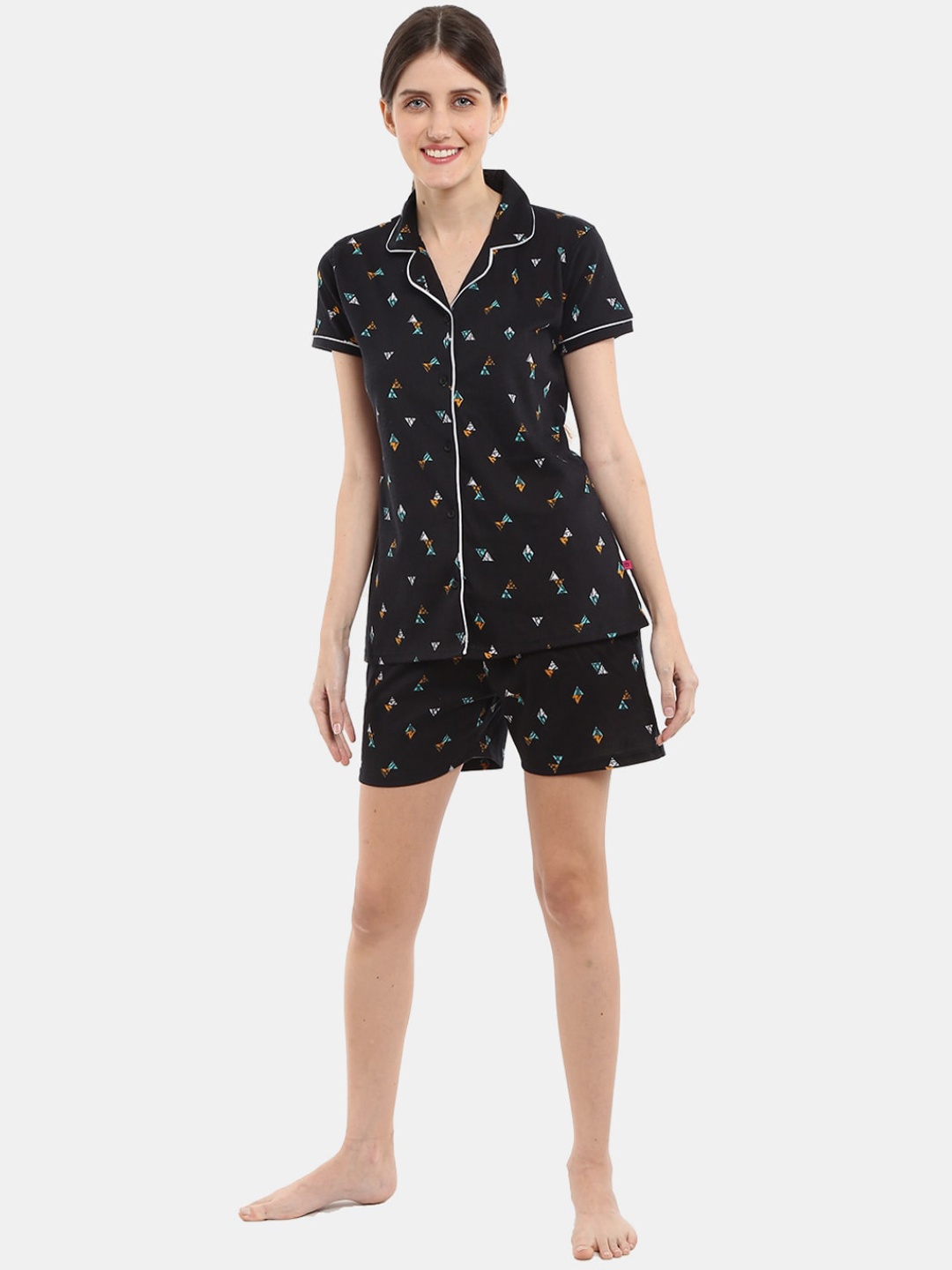 

V-Mart Geometric Printed Pure Cotton Night Suit, Black