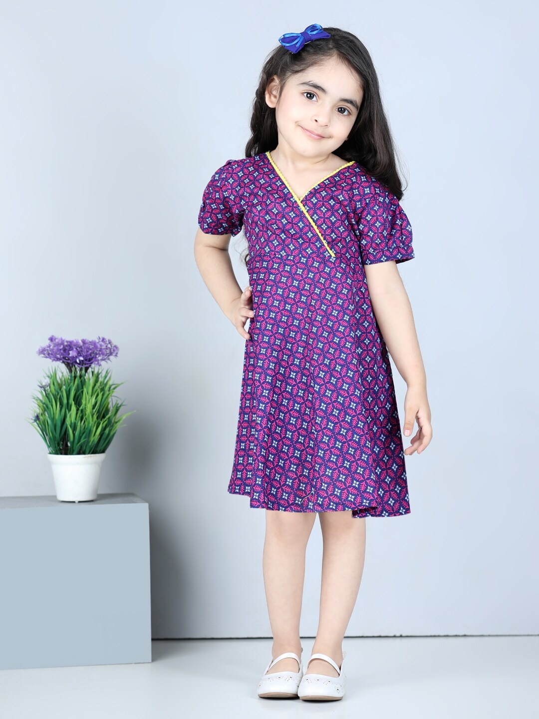 

kidcetra Girls V-Neck Ethnic Motifs Printed Dress, Purple