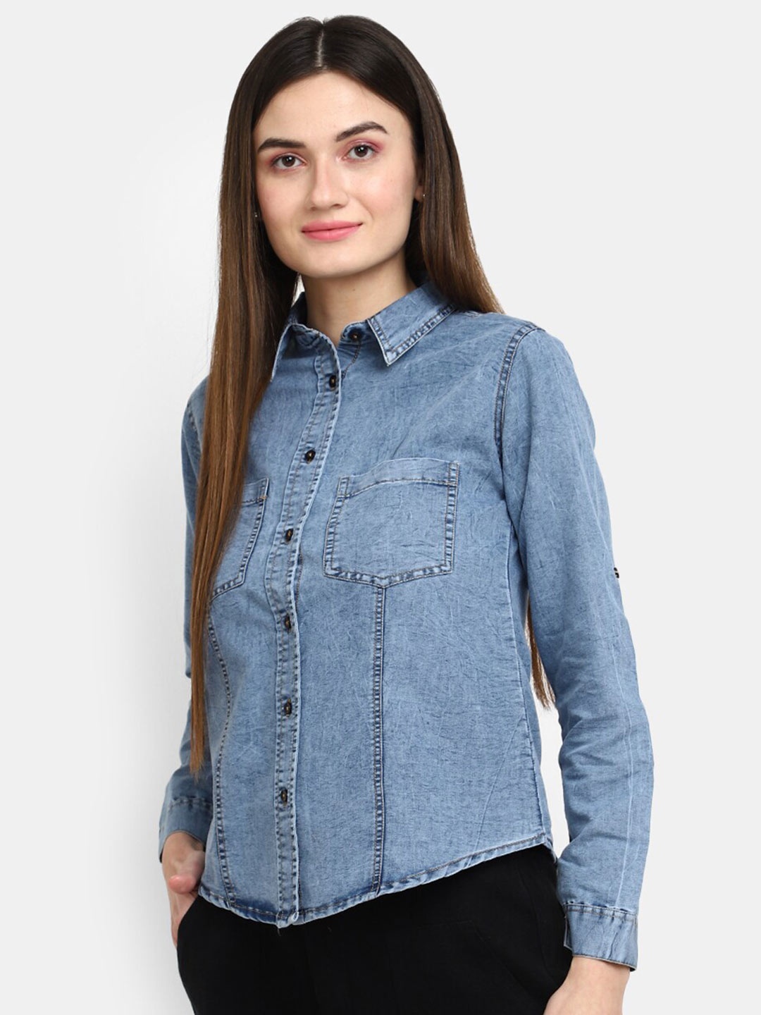 

V-Mart Spread Collar Denim Casual Shirt, Blue
