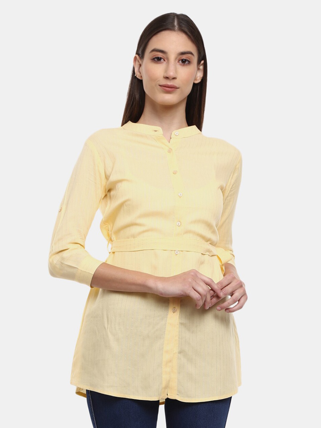 

V-Mart Striped Waist Tie-Ups Cotton Shirt Style Top, Yellow