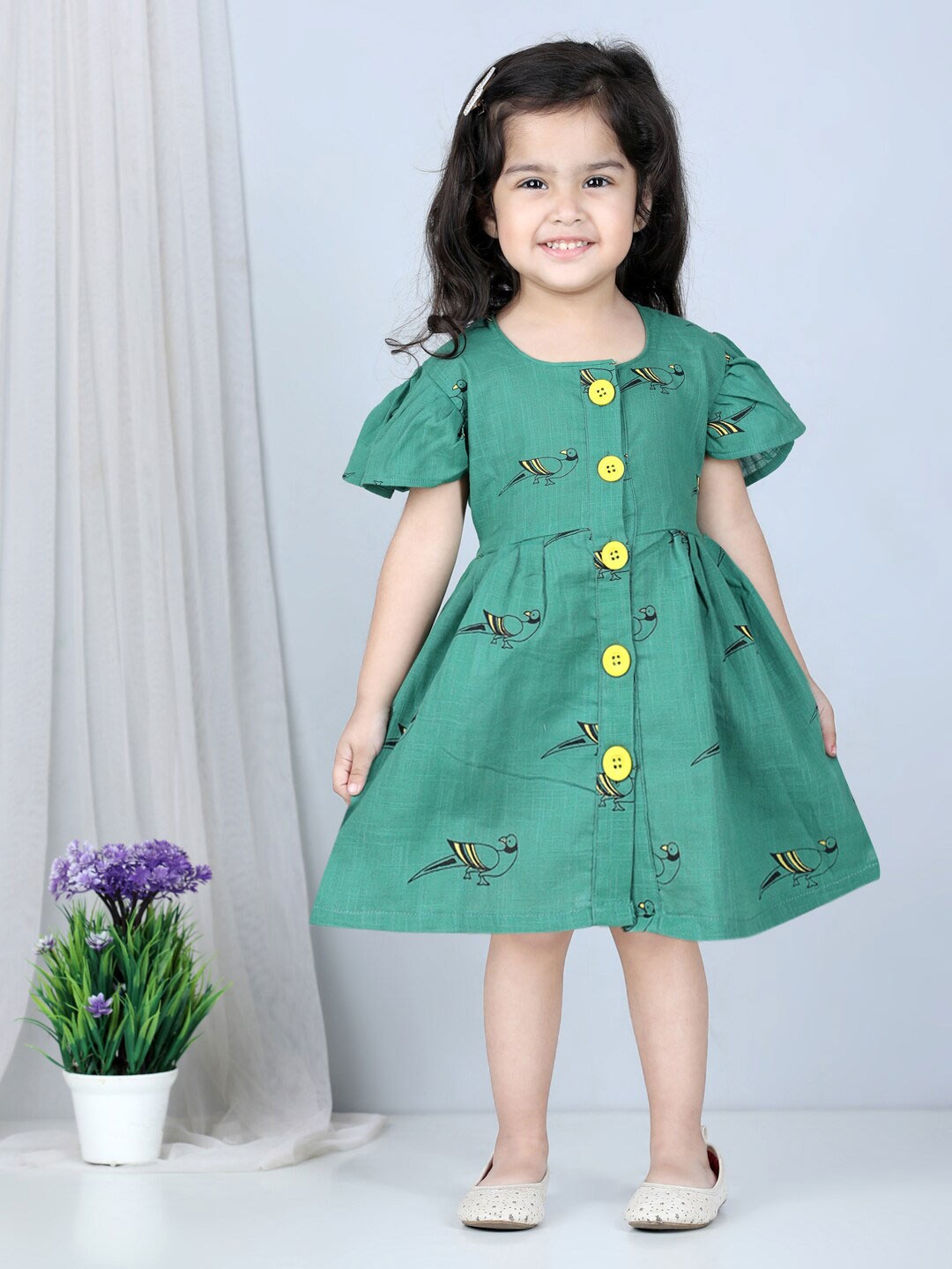 

kidcetra Girls Conversational Printed Cotton A-Line Dress, Green
