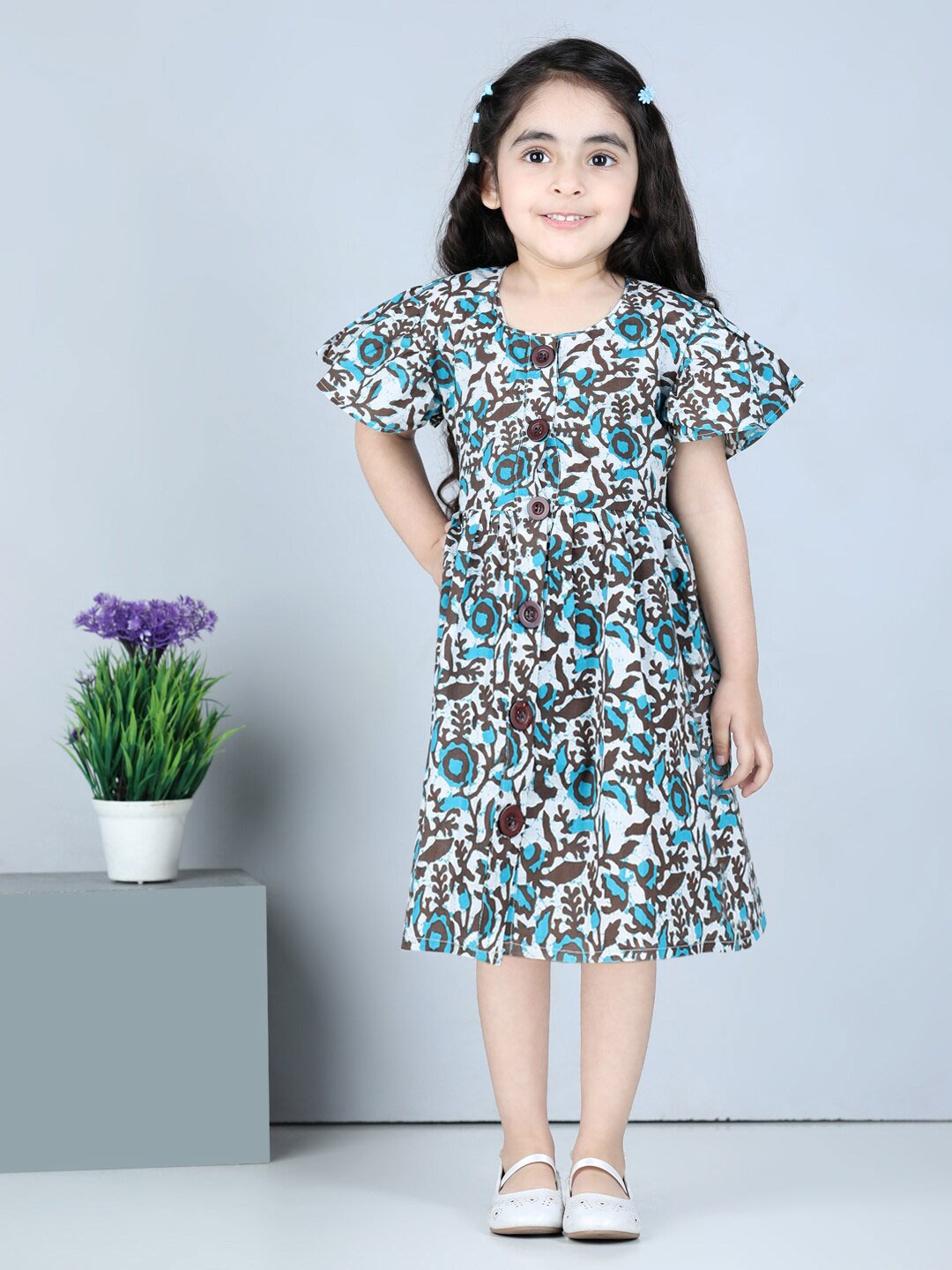 

kidcetra Girls Floral Printed A-Line Dress, Blue