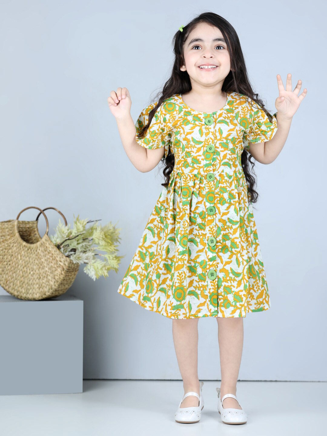 

kidcetra Girls Floral Printed Cotton A-Line Dress, Green