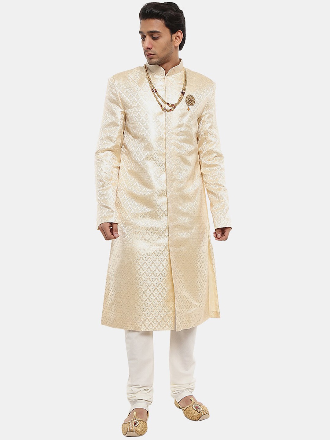 

V-Mart Woven Design Mandarin Collar Sherwani Set, Beige