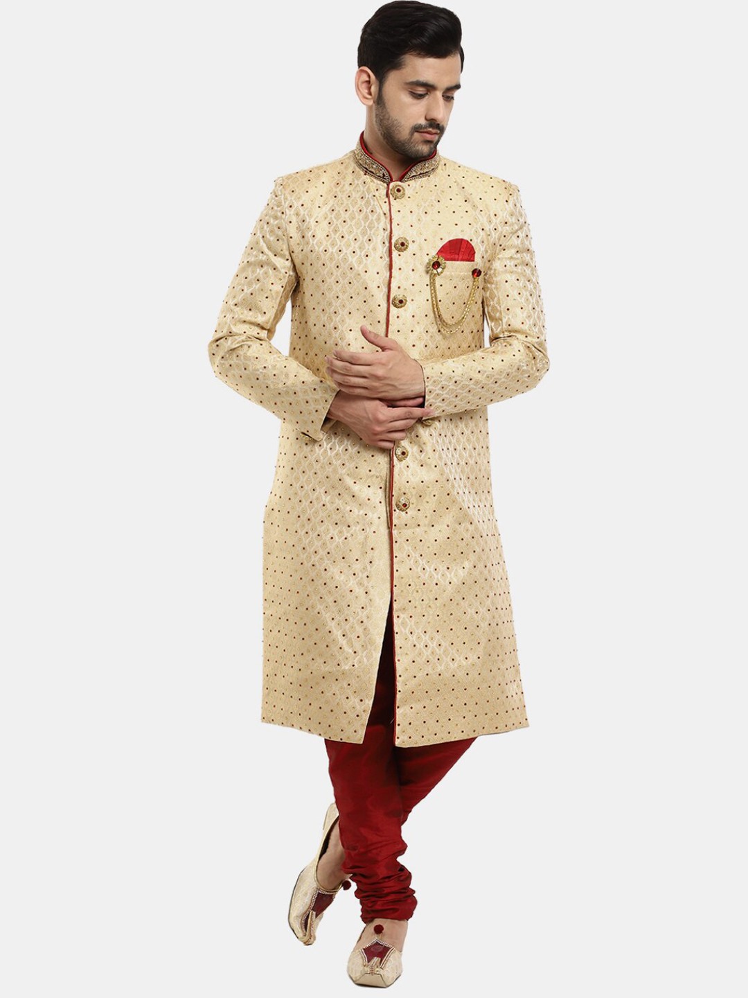 

V-Mart Woven-Design Mandarin Collar Cotton Sherwani Set, Cream