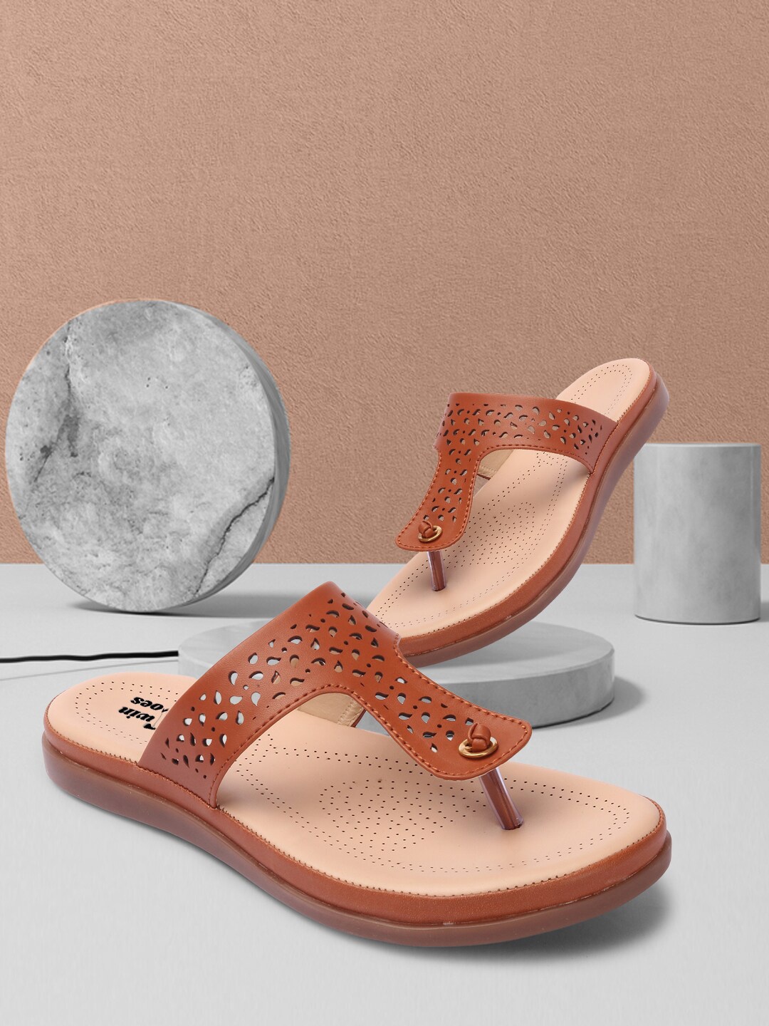 

TWIN TOES Laser Cuts Embellished Doctor Sole T-Strap Flats, Tan