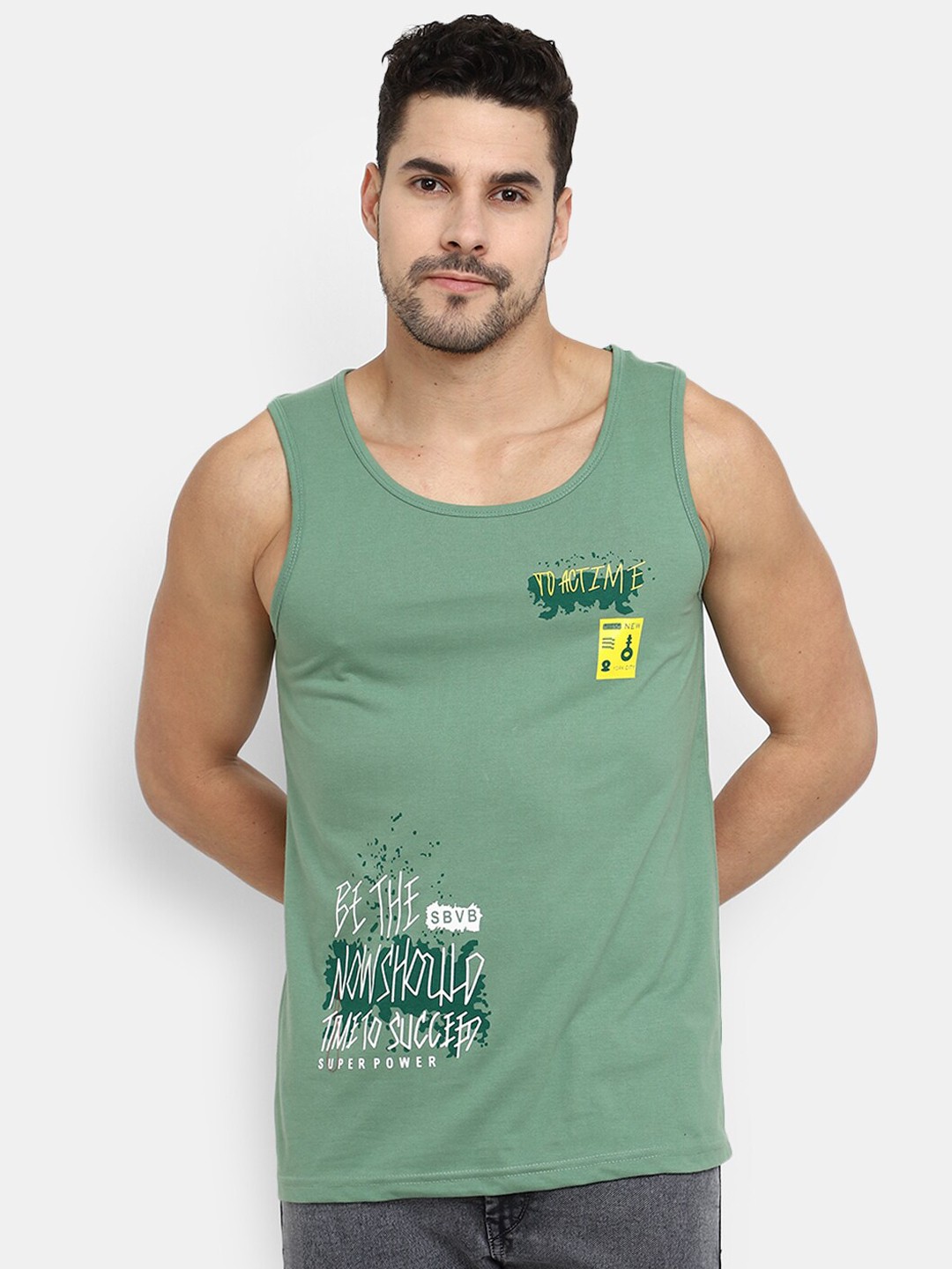 

V-Mart Men Pack Of 2 Printed Single Jersey Round Neck Gym Vests, Green