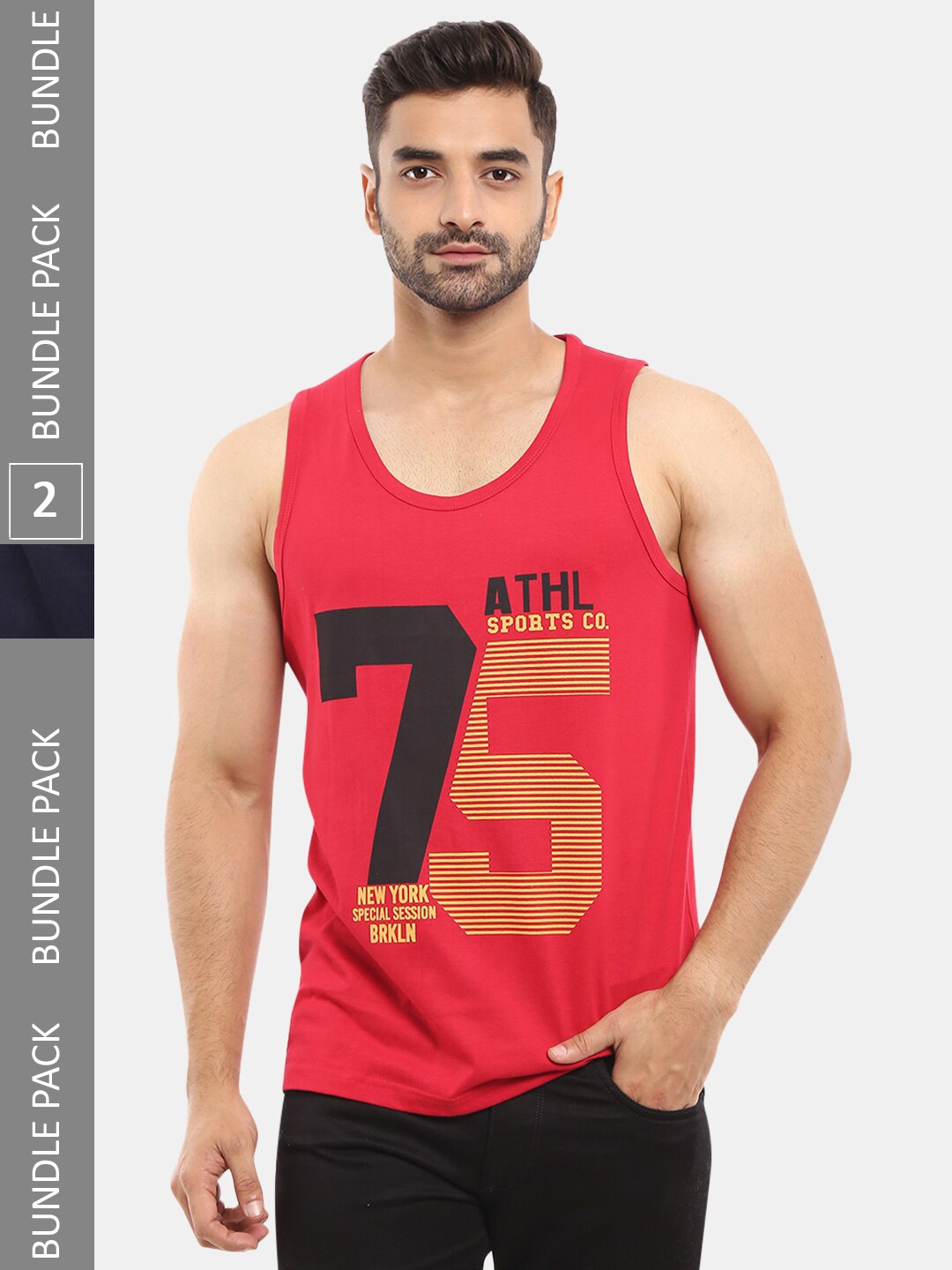 

V-Mart Men Pack Of 2 Printed Single Jersey Round Neck Gym Vests, Blue