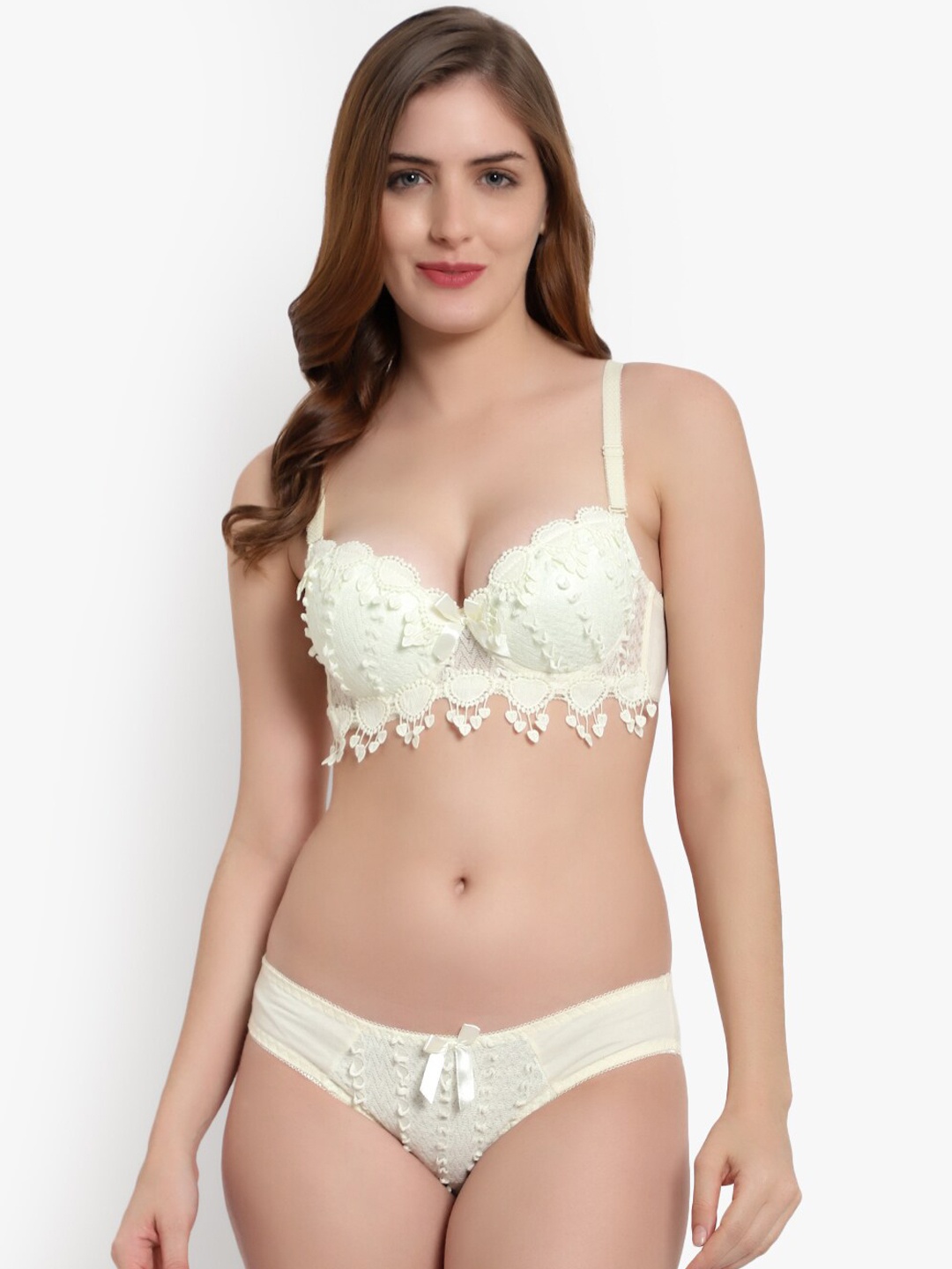 

BRACHY Self Design Laced Heavily Padded Lingerie Set BCA_LACEGHANTID_30A_Light Yellow, White