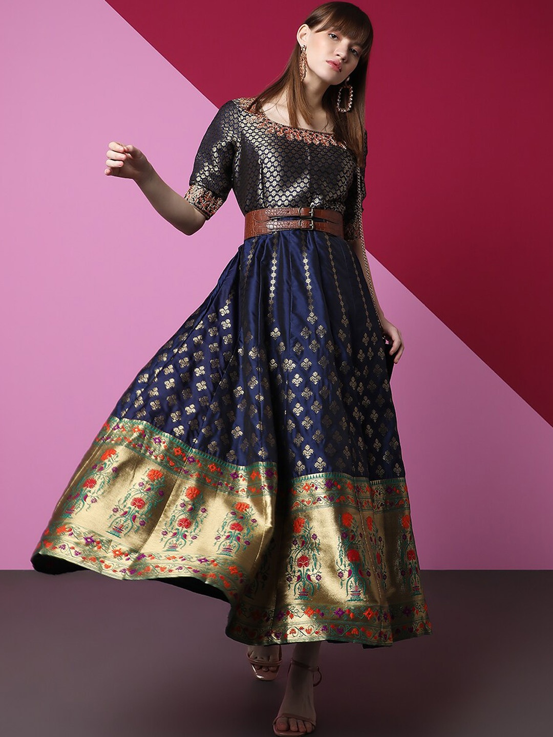 

Indifusion Ethnic Motifs Self Design Embroidered Ethnic Dress, Blue