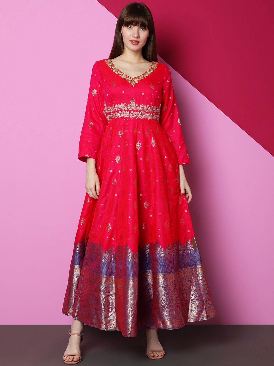 

Indifusion Ethnic Motifs Embroidered Jacquard Maxi Ethnic Dress, Red