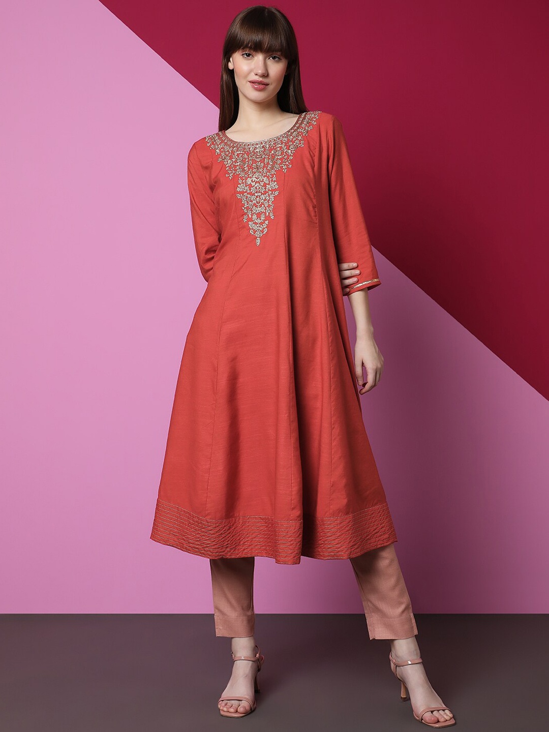 

Indifusion Ethnic Motifs Embroidered Thread Work A-Line Kurta, Orange