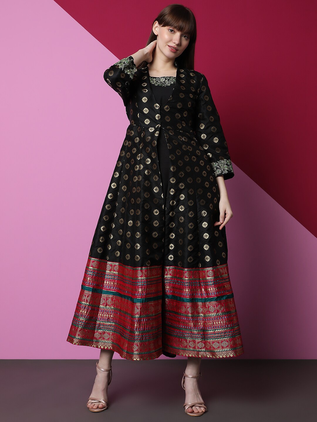 

Indifusion Ethnic Motifs Woven design Jacquard Fit And Flare Ethnic dress, Black