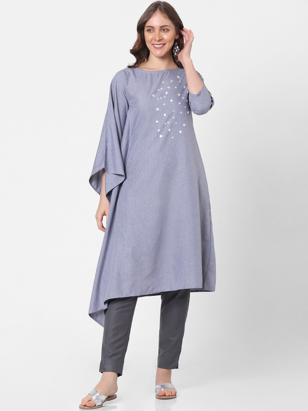 

Indifusion One Sided Kaftan With Button Embellieshment Kurta, Grey
