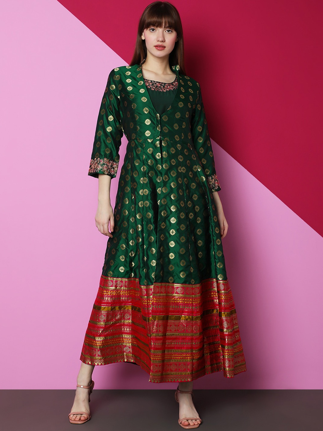 

Indifusion Jacquard Fit And Flare Ethnic Dress With Ethnic Motifs Woven design Long Jacket, Green