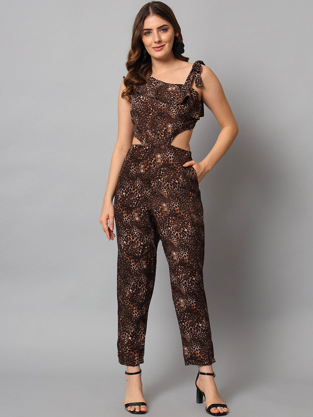 

emeros Printed Stylized Tie-up One-shoulder Waist-Cut Detail Jumpsuit, Coffee brown