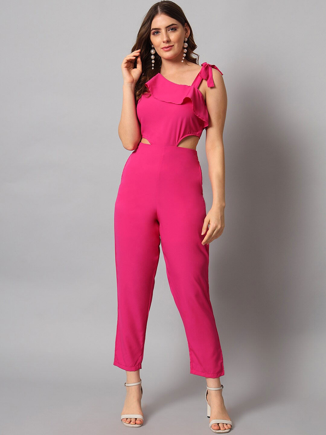 

emeros Stylized Tie-up One-shoulder Waist-Cut Detail Jumpsuit, Rose