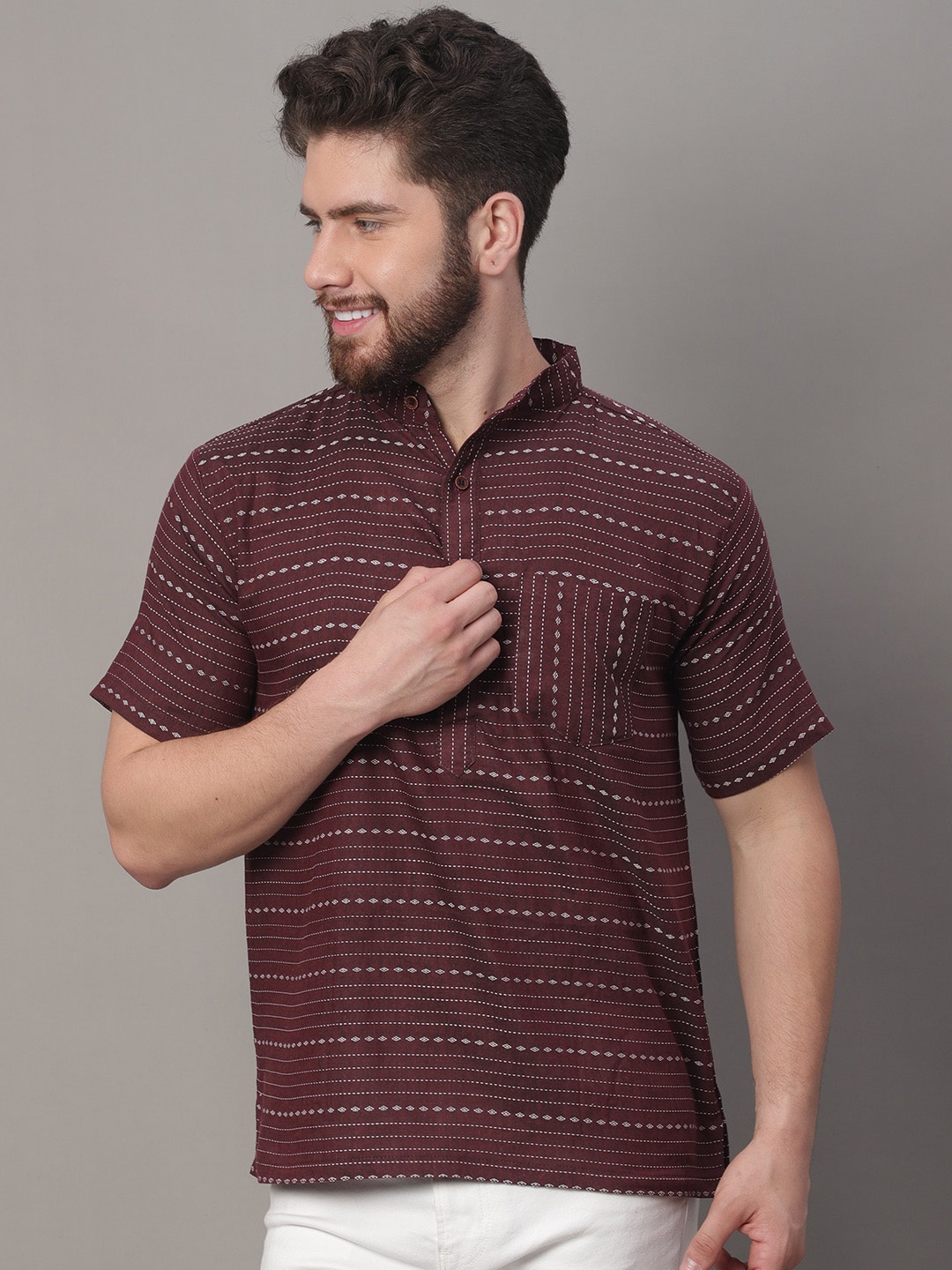 

Aarsha Striped Shirt Collar Pure Cotton Short Kurta, Maroon