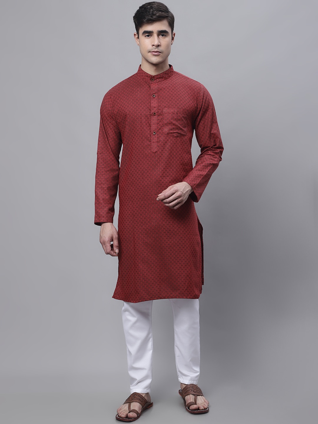 

Aarsha Geometric Printed Mandarin Collar Cotton Kurta, Red