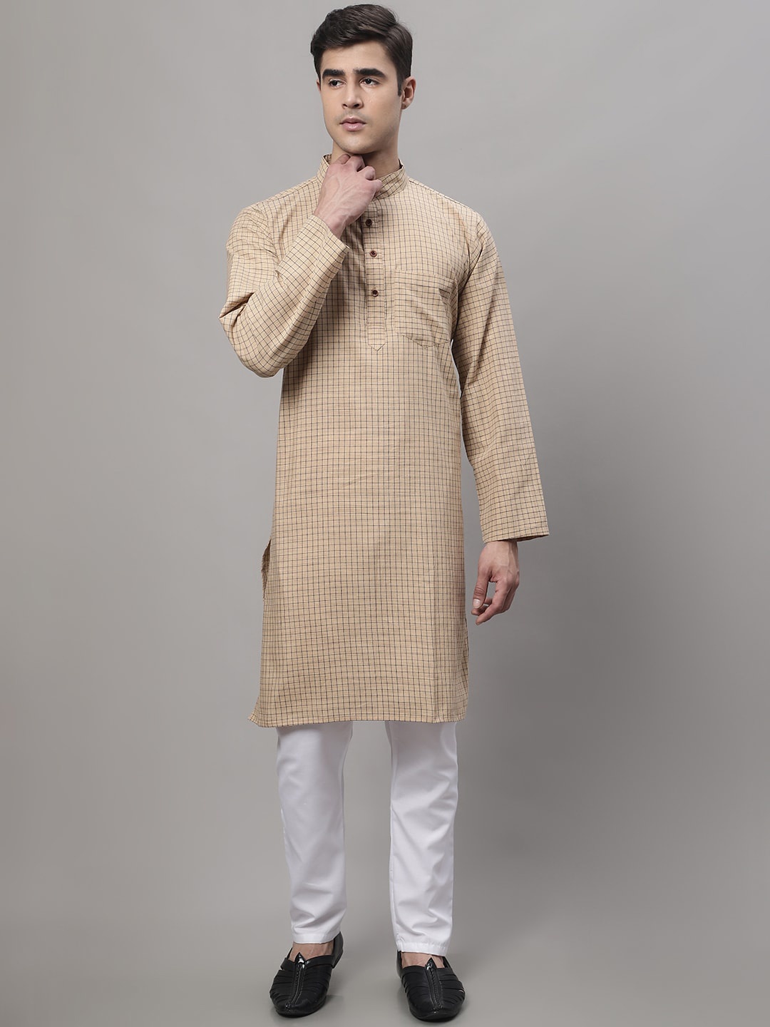 

Aarsha Checked Mandarin Collar Pure Cotton Kurta, Beige