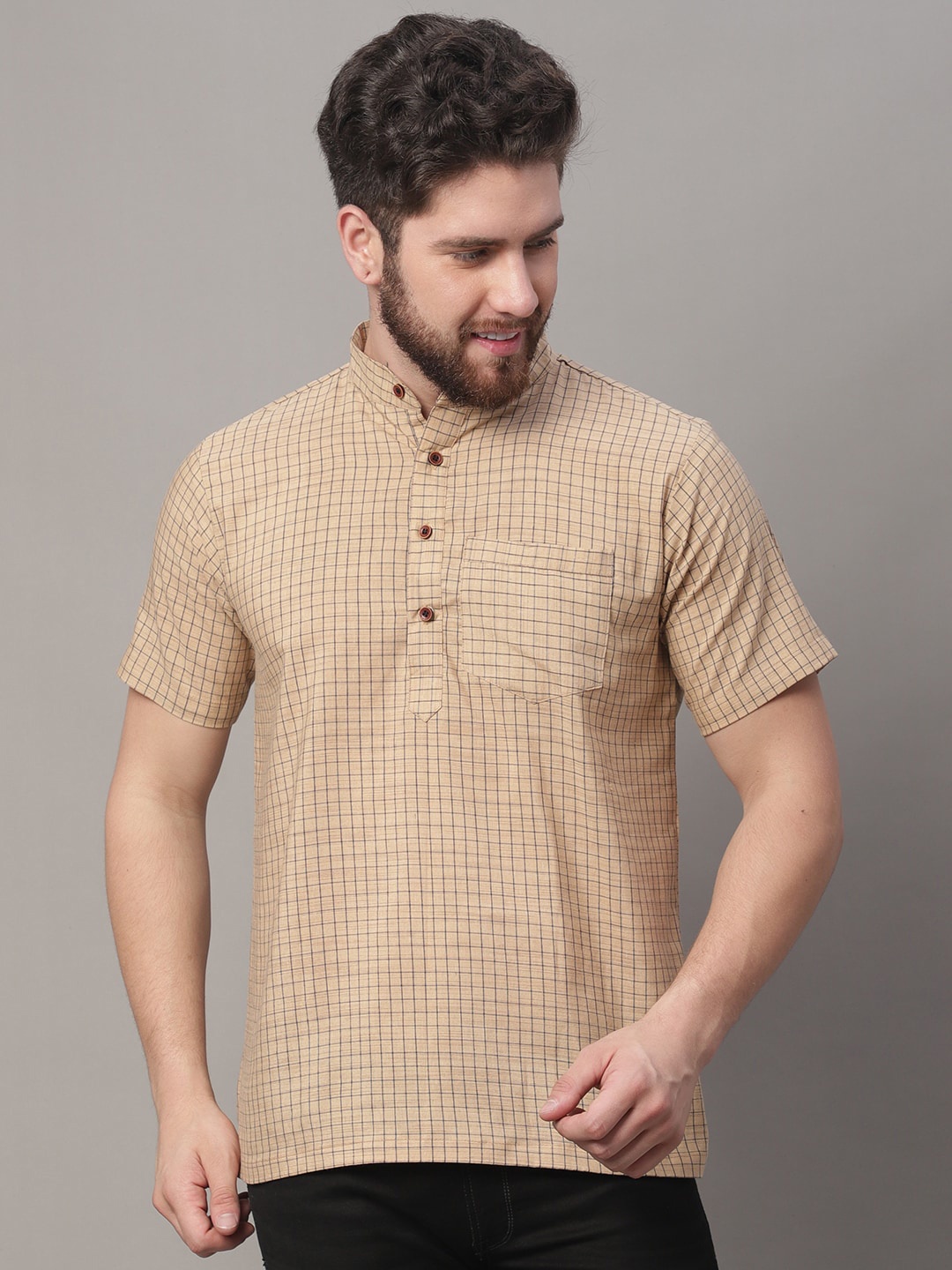 

Aarsha Checked Mandarin Collar Pure Cotton Kurta, Beige