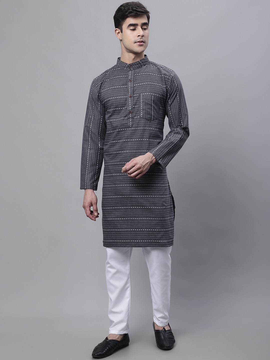 

Aarsha Striped Mandarin Collar Pure Cotton Kurta, Grey