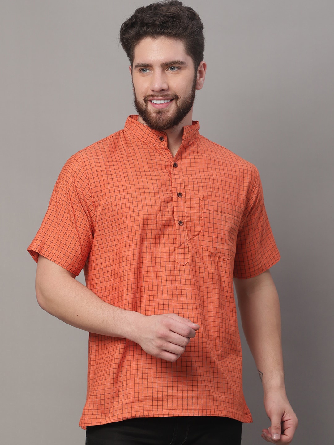 

Aarsha Checked Mandarin Collar Pure Cotton Kurta, Orange