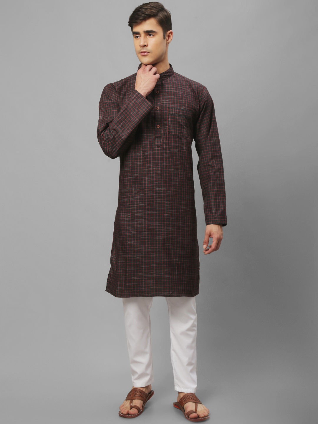 

Aarsha Checked Mandarin Collar Pure Cotton Kurta, Black