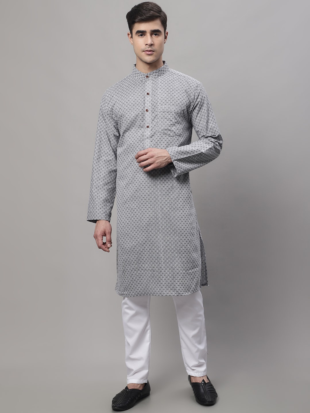 

Aarsha Geometric Printed Mandarin Collar Pure Cotton Kurta, Grey